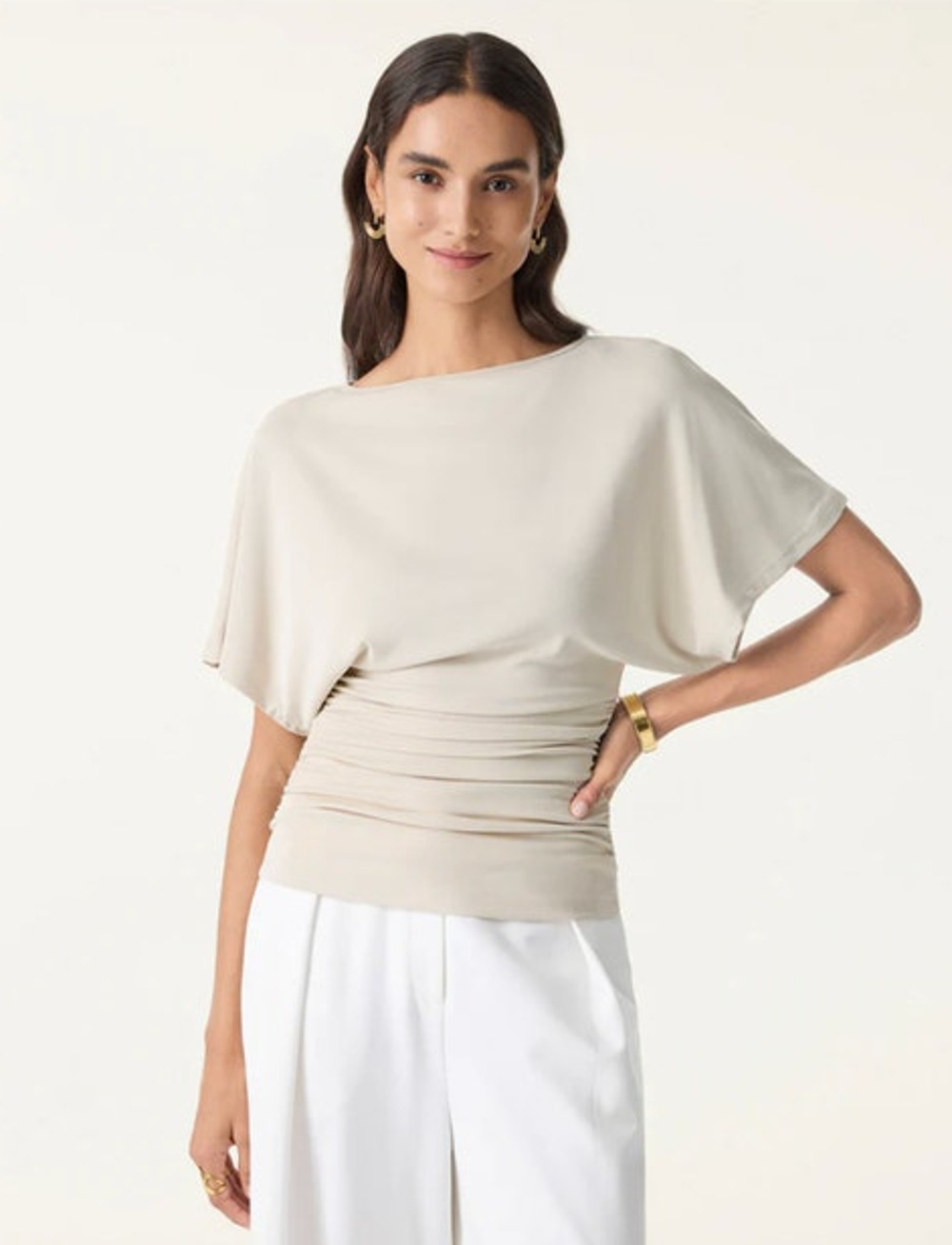 OGL Top Size XL NEW Sandwashed Effortless Boatneck Batwing Sleeve Cream Ruched